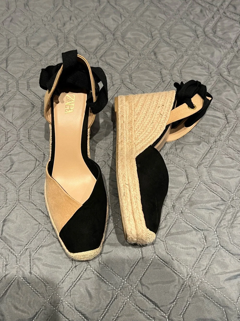Zara Black and Tan Suede Preppy Espadrille Wedge Sandals with Wrap Ankle Ties